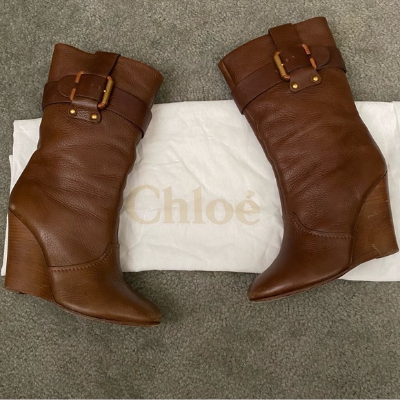 Chloe Shoes - Chloe Prince Paddington Leather Wedge Calf Boots 39 8 8.5 Shoes Brown